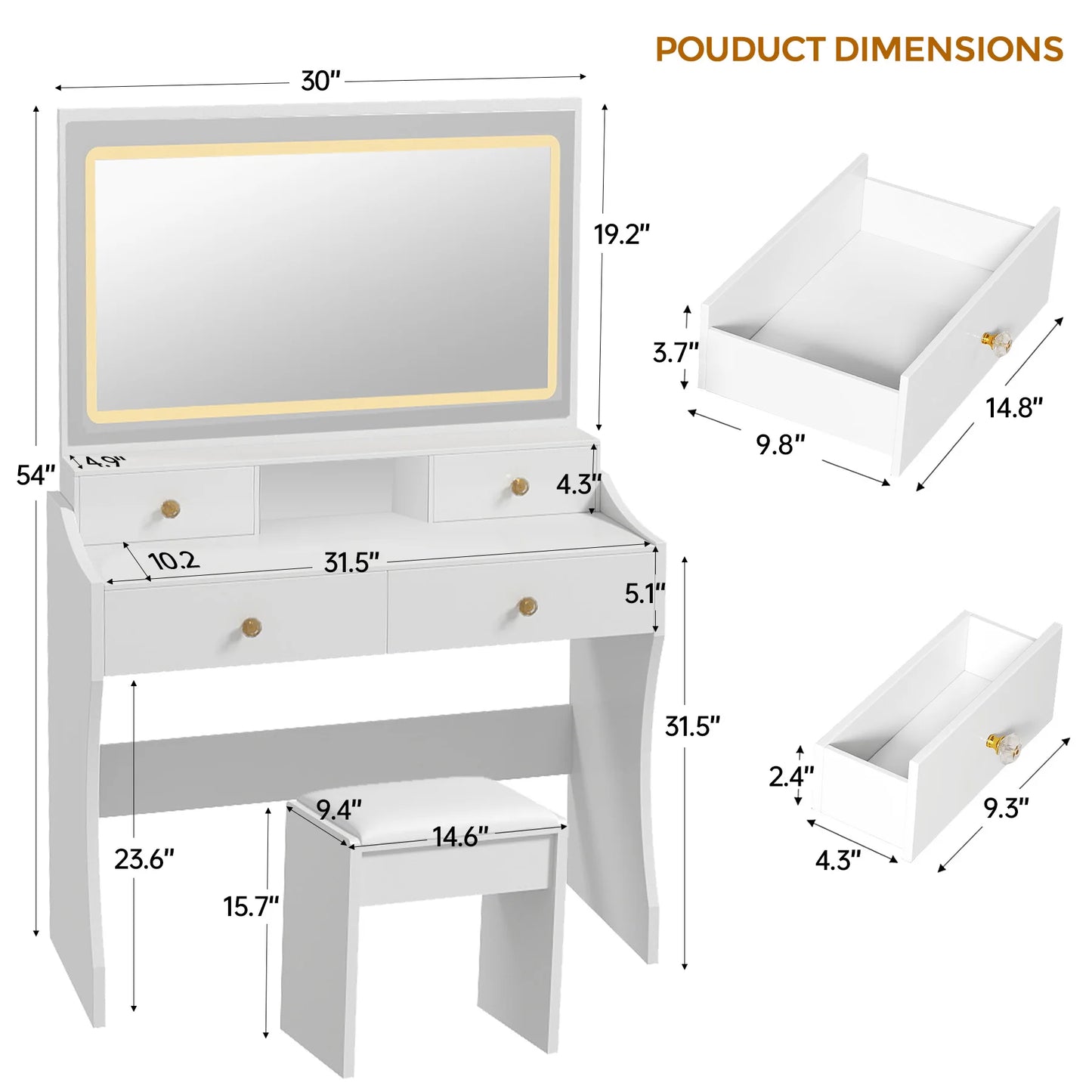 COMHOMA dressing table, dressing table E with lighting and 5 drawers, with adjustable LED lighting and sockets