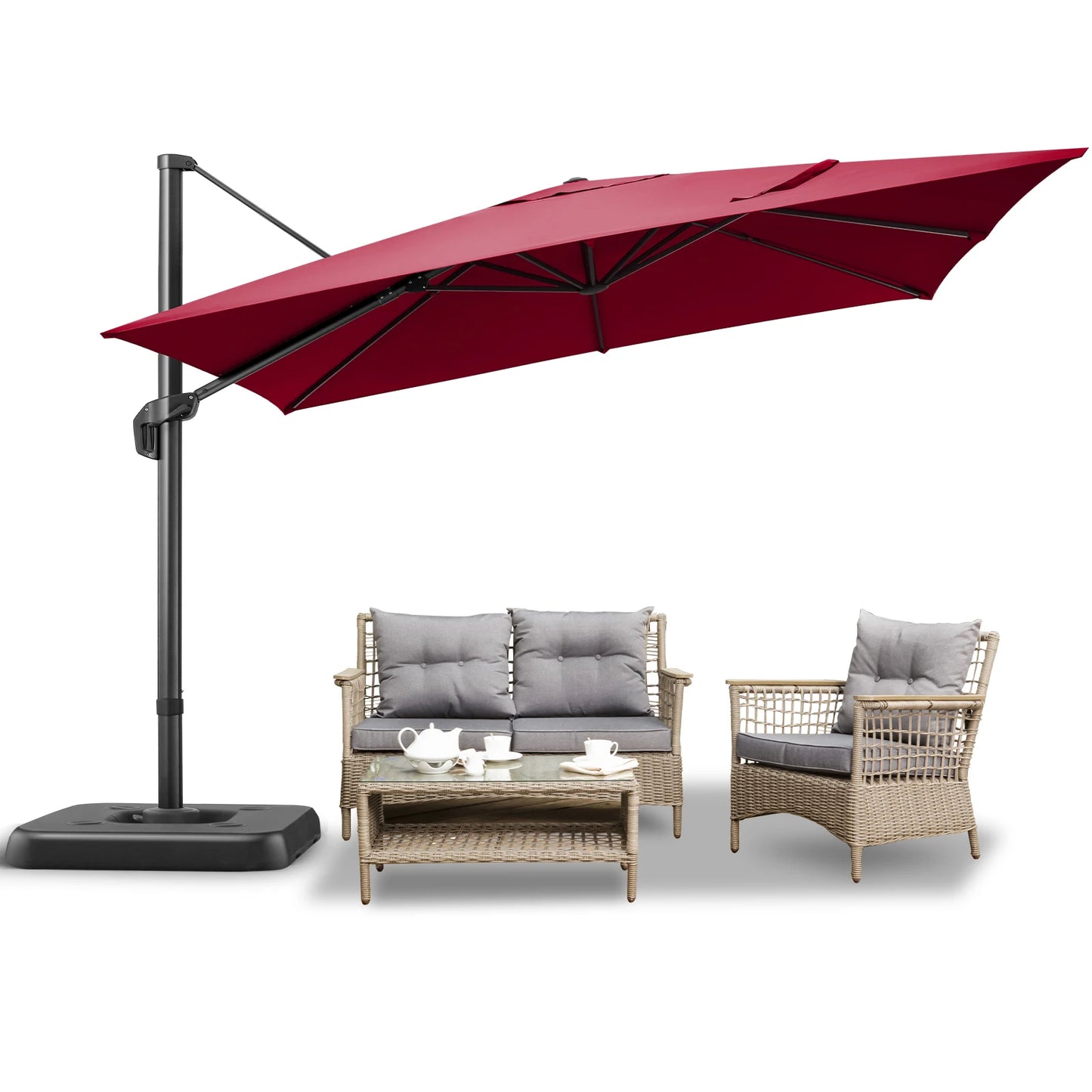 Parasol - Zweefparasol - Vrijdragende Parasol – Grote Parasol – Tuinparasol – Draaibare Parasol – 3X3 Meter – UV-Bestendig – Waterafstotend - Wijnrood