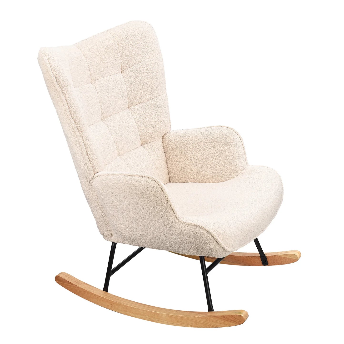 Schommelstoel – Relaxstoel – Wiegstoel – Schommelfauteuil – Loungefauteuil – Scandinavisch Design – Teddy Stof Bekleding – Metalen Frame & Houten Poten – 150 kg Draagkracht – Beige Kleur - QUORE