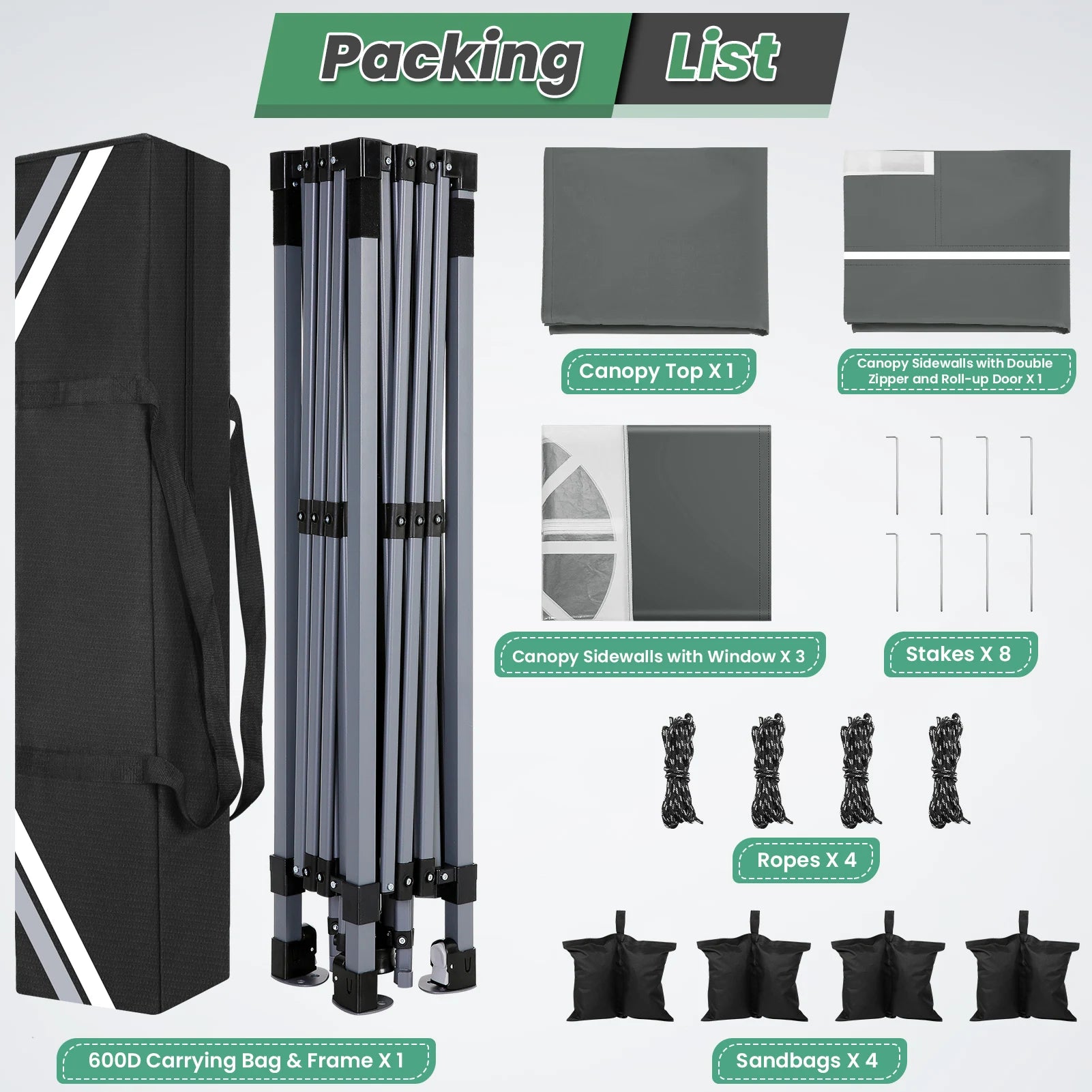 Partytent – Opzetbare Tent – Vouwtent – 3x3 Meter Partytent – Waterbestendig Oxford Doek – Verstelbare Hoogte-  Grijs - QUORE