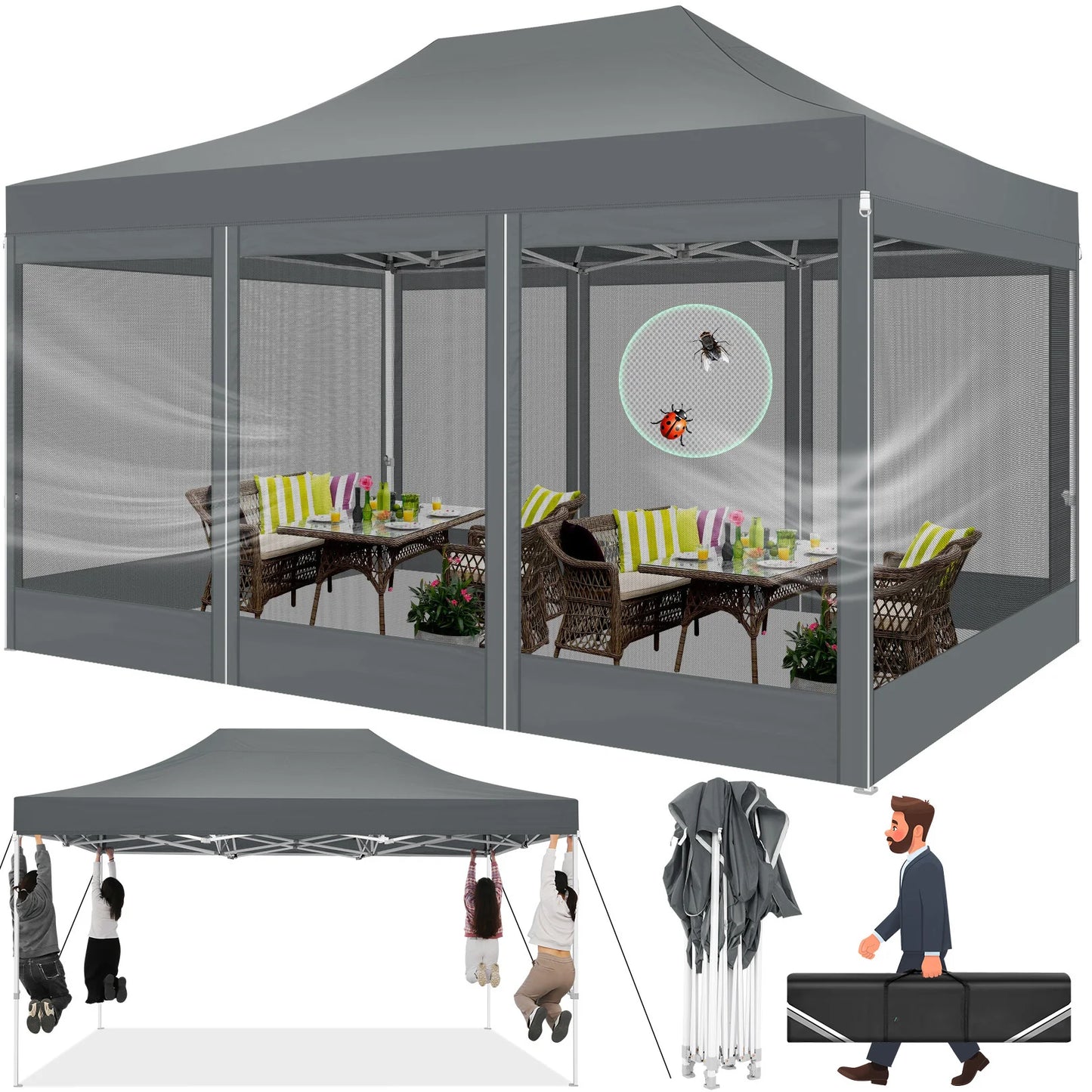 Tuinpaviljoen - Tuintent Opvouwbaar – Partytent – Campingtent – Verandatent – Insectenbeschermd – Waterdicht 420D Oxford – Verstelbare Hoogte - 3 x 4.5 m - Grijs