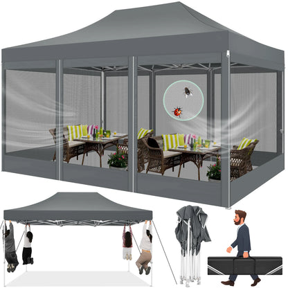 Tuinpaviljoen - Tuintent Opvouwbaar – Partytent – Campingtent – Verandatent – Insectenbeschermd – Waterdicht 420D Oxford – Verstelbare Hoogte - 3 x 4.5 m - Grijs