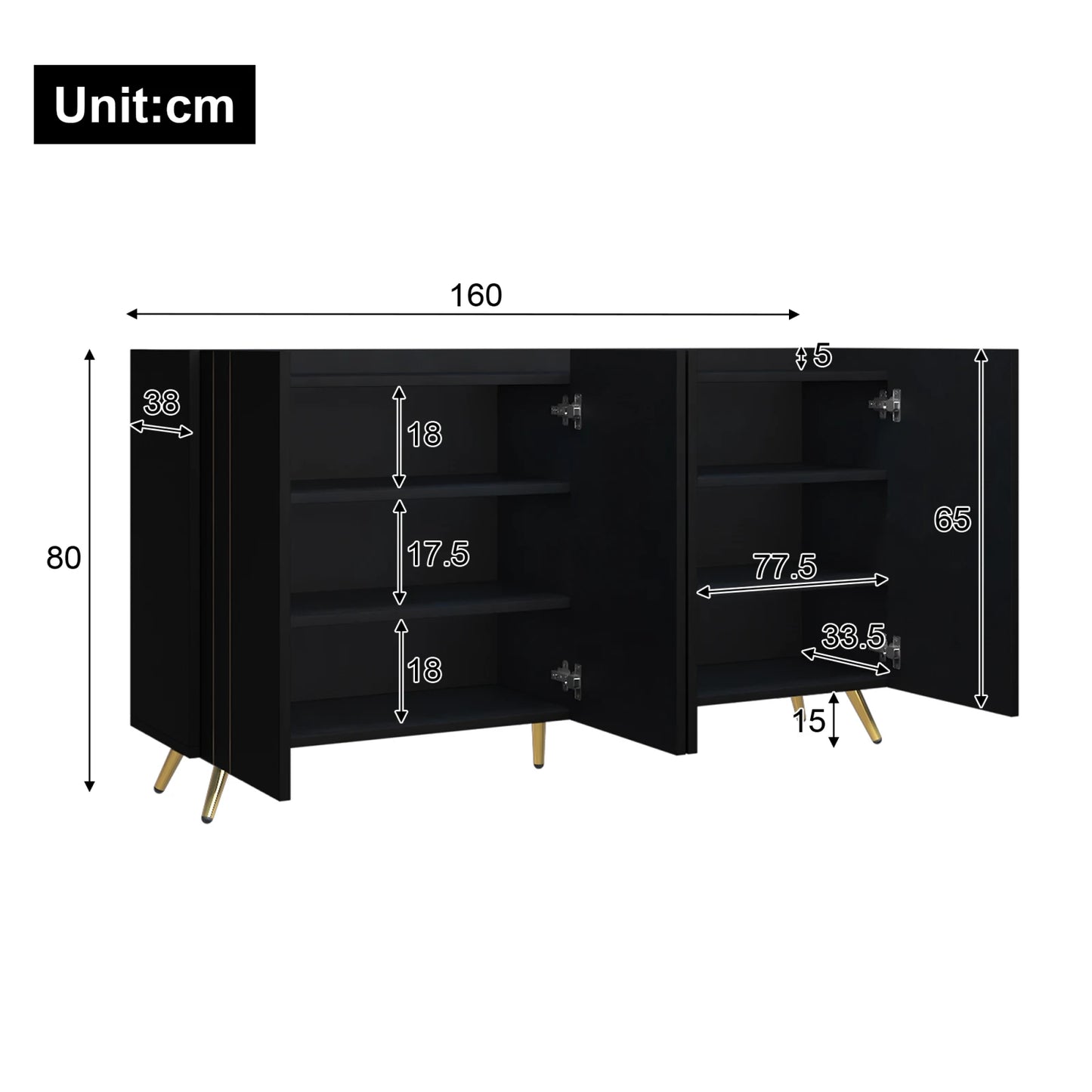Opbergkast – Opbergmeubel – Kast Met Deuren – Bergkast – 160x38x80 Cm – Verstelbare Legplanken – Gouden Accenten - Zwart