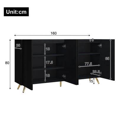 Opbergkast – Opbergmeubel – Kast Met Deuren – Bergkast – 160x38x80 Cm – Verstelbare Legplanken – Gouden Accenten - Zwart