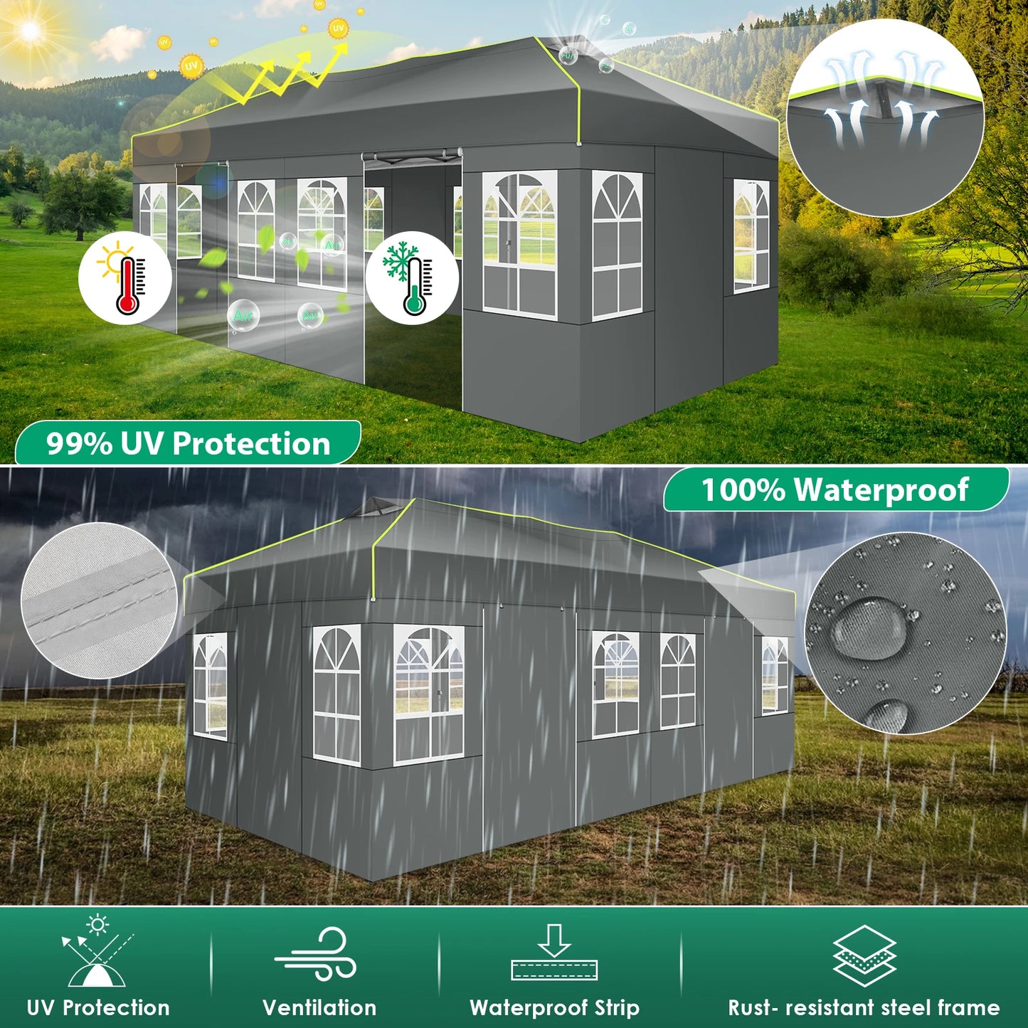 Tuinpaviljoen – Partytent – Prijstent – Inklapbare Feesttent – Tuinkamer – Overkapping – Waterdicht 210D Oxford Materiaal – UPF 50+ UV Bescherming - 3x6m - Grijs - QUORE