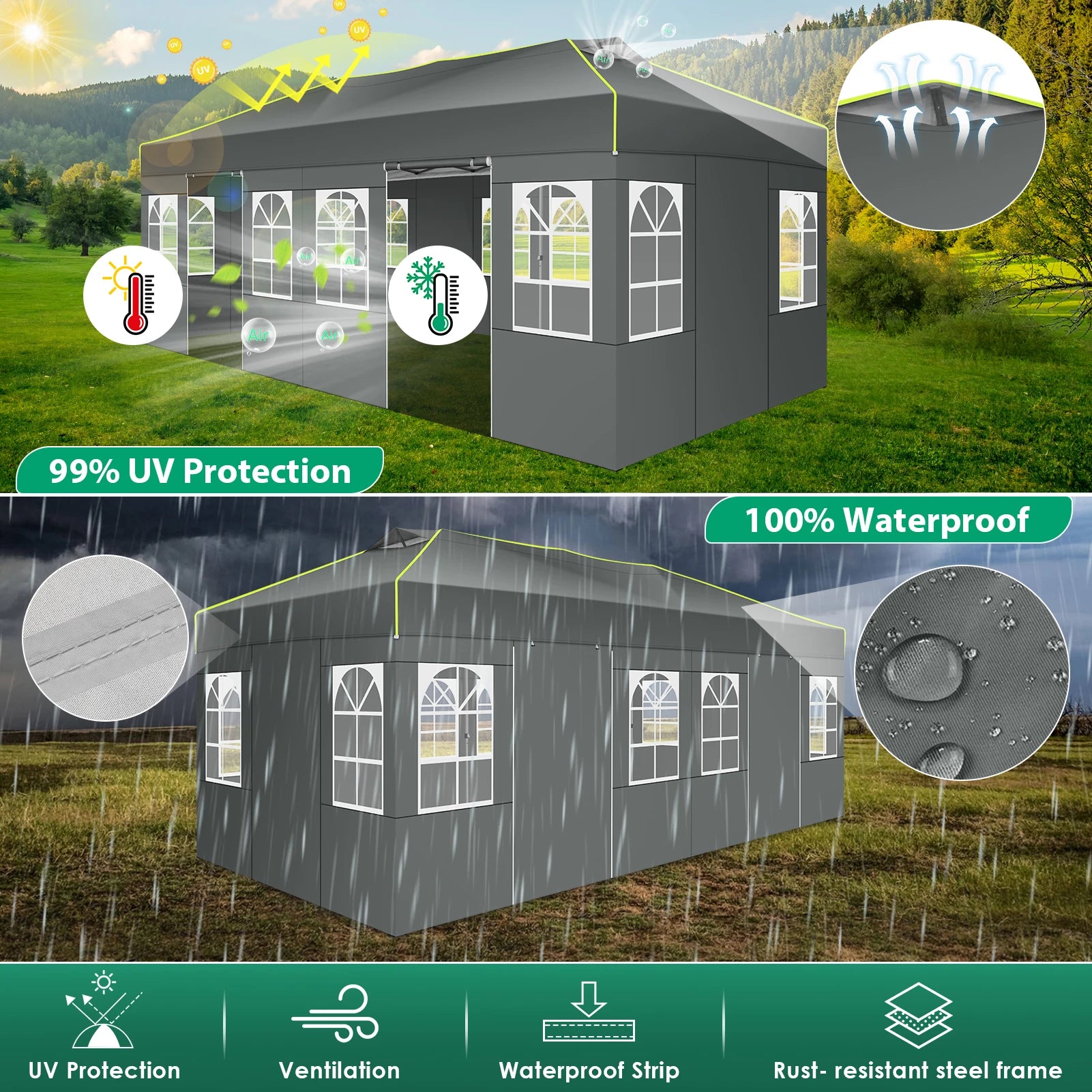 Tuinpaviljoen – Partytent – Prijstent – Inklapbare Feesttent – Tuinkamer – Overkapping – Waterdicht 210D Oxford Materiaal – UPF 50+ UV Bescherming - 3x6m - Grijs - QUORE