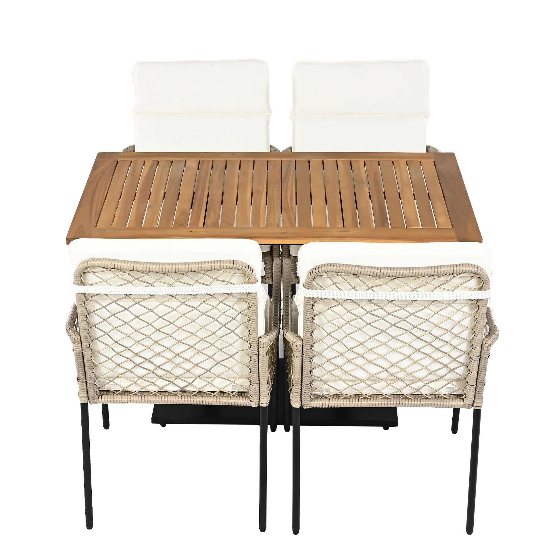 Tuinmeubelset - 5-Delige Eettafelset – Tuinset – Balkonset – Terrasmeubilair – Buitentafel – Acaciahout – Polyrattan Stoelen - Wit - QUORE