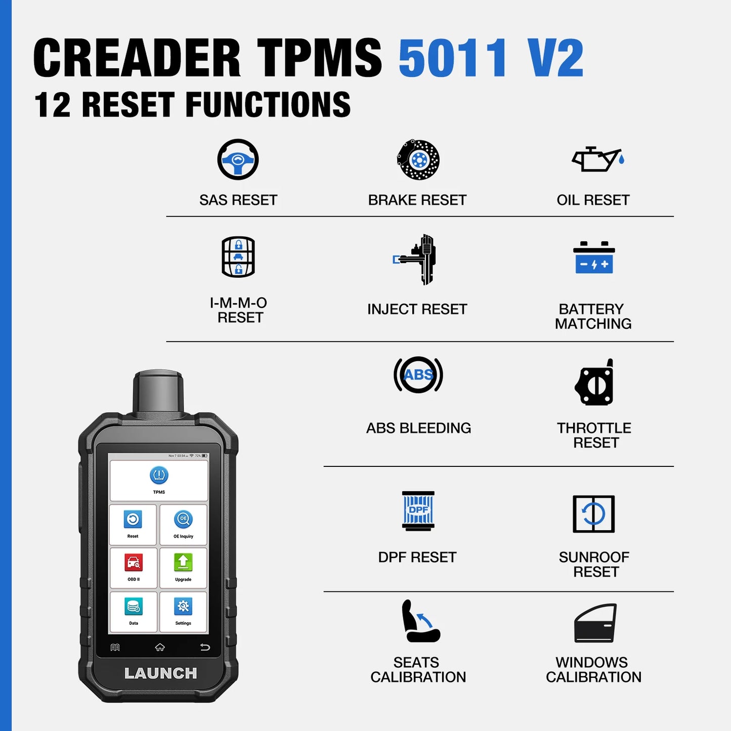 TPMS Service Scanner – Bandenspanning Sensor Tester – TPMS Reset Tool – Banden Diagnosetool – Sensor Programmer – Activeert 99% 315/433MHz Sensoren – 12 Extra Resetfuncties