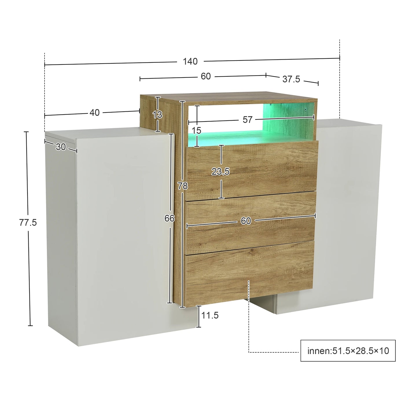 Dressoir – Sideboard – Opslagmeubel – Kast – Modern – Hoogglans Wit – Meerkleurige LED-verlichting - 140x30x77.5 cm