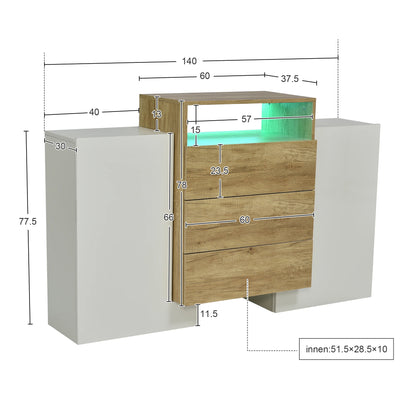 Dressoir – Sideboard – Opslagmeubel – Kast – Modern – Hoogglans Wit – Meerkleurige LED-verlichting - 140x30x77.5 cm