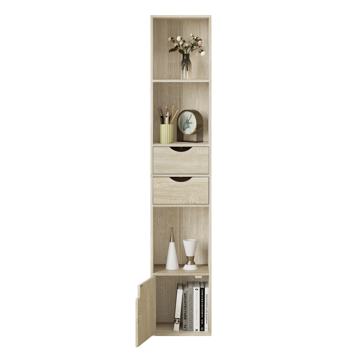 Boekenkasten - Boekenplank - Wandplank - Boekenrek - Opbergrek Organizer - 30x158x24cm - met Lade Deur - voor Woonkamer Decor - Licht Eiken - QUORE