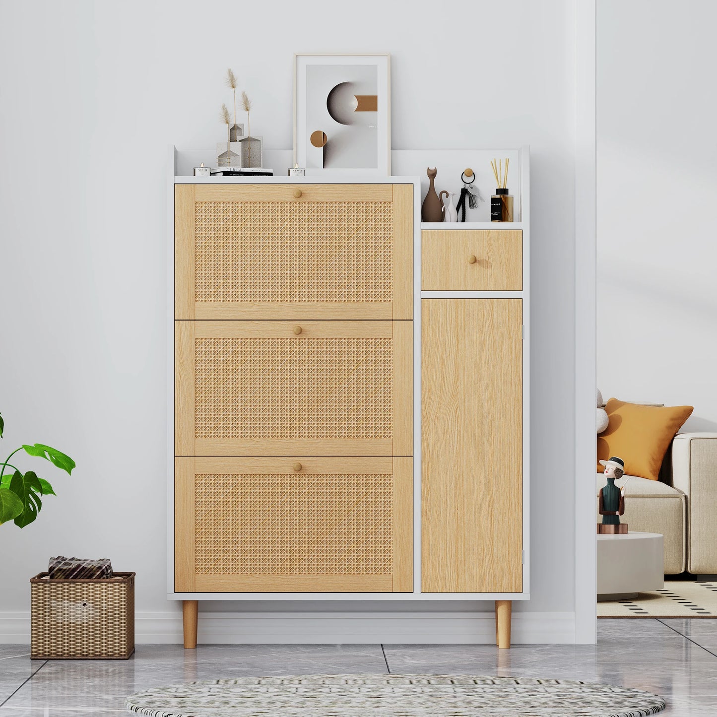 Schoenenkast – Schoenenrek – Schoenenopberger – Schoenenmeubel – Verstelbare Planken – 15-20 Paar – MDF Met Houten Details - Wit