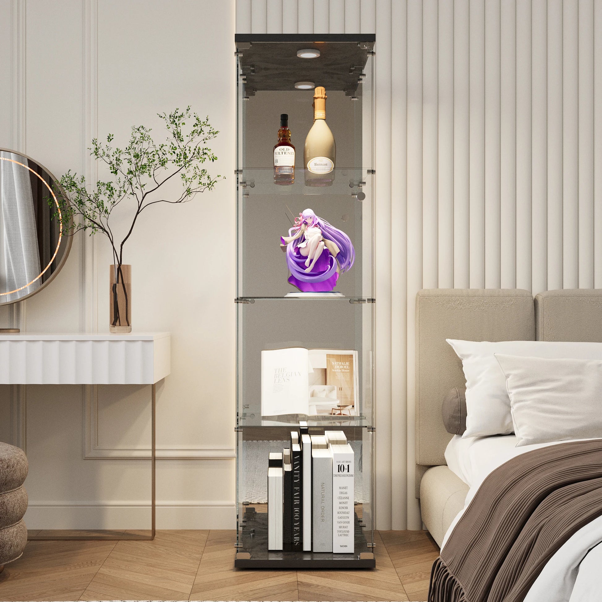 Vitrinekast – Glas kast – Displaykast – Buffettafel – Woonkamerkast – Wit – Dubbele Deuren – 4 Glazen Legplanken – Duurzaam MDF - QUORE