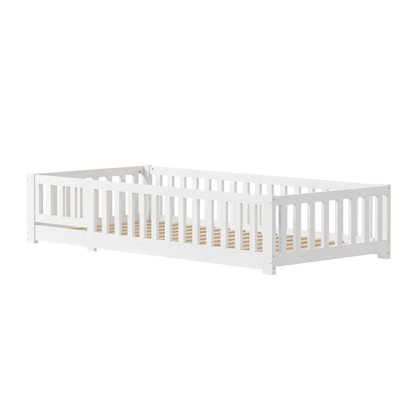 Montessori Kinderbed – Kinderbedje – Peuterbed – Juniorbed – Bed Met Deur – 90 x 200 cm – Massief Grenenhout – Valbeveiliging Met Lattenbodem – Wit - QUORE