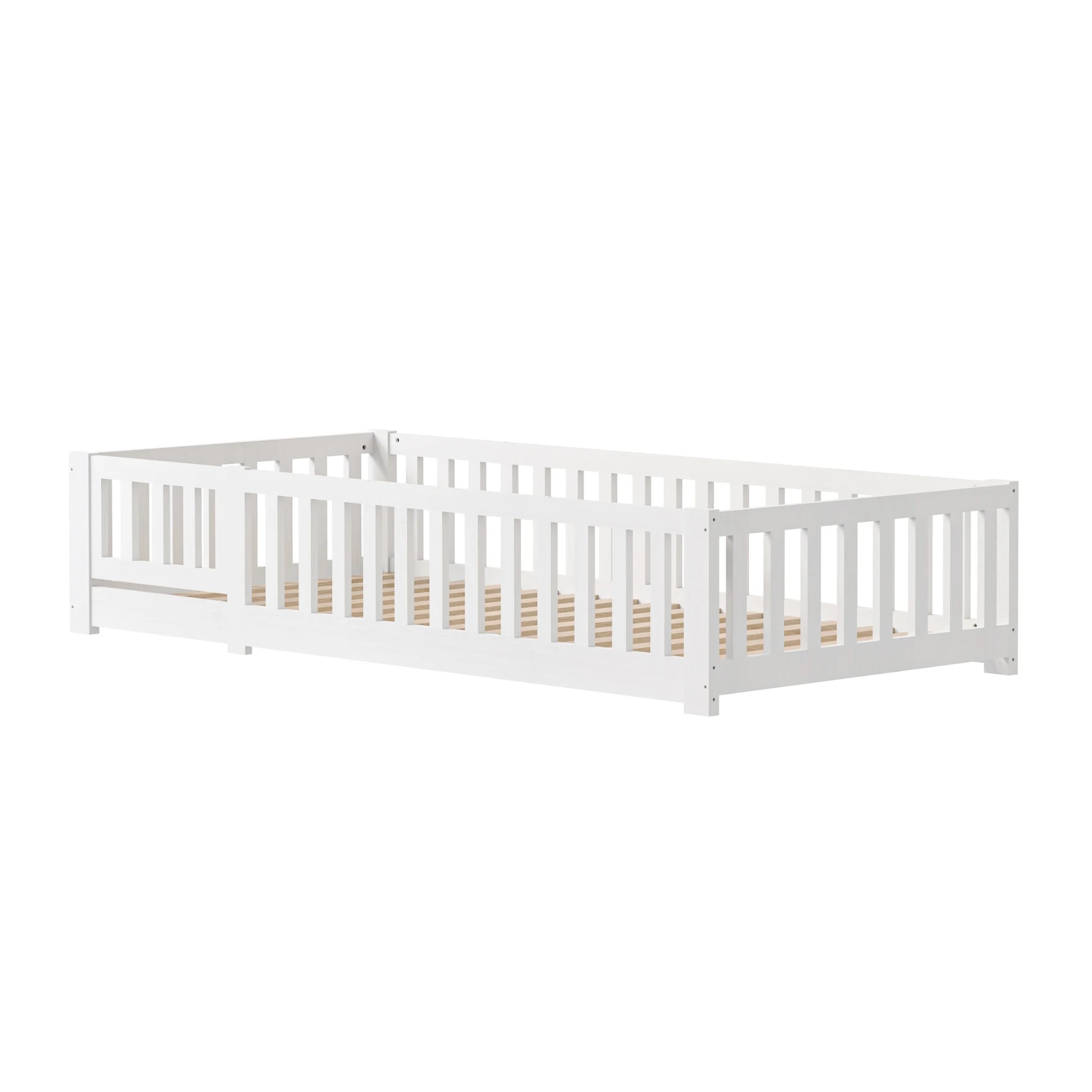 Montessori Kinderbed – Kinderbedje – Peuterbed – Juniorbed – Bed Met Deur – 90 x 200 cm – Massief Grenenhout – Valbeveiliging Met Lattenbodem – Wit - QUORE