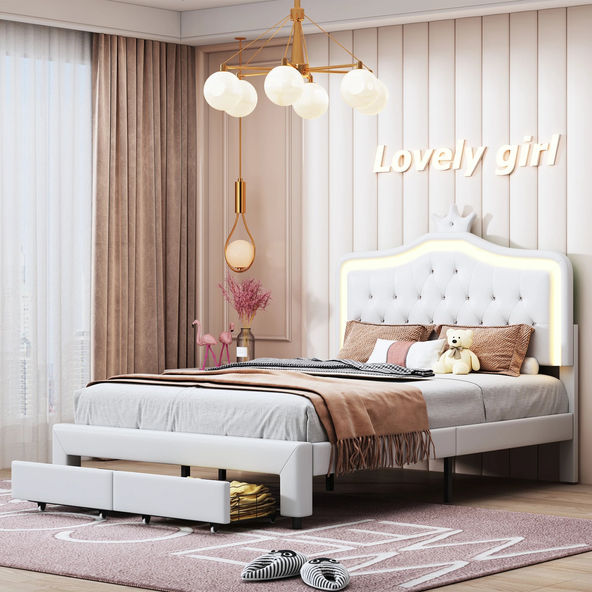 Bedframe – Bed – Kinderbed – Tienerbed – Eenpersoonsbed – 140x200 cm – LED-verlichting Hoofdbord – Opberglade Onderbed - QUORE