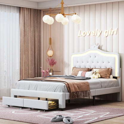 Bedframe – Bed – Kinderbed – Tienerbed – Eenpersoonsbed – 140x200 cm – LED-verlichting Hoofdbord – Opberglade Onderbed - QUORE