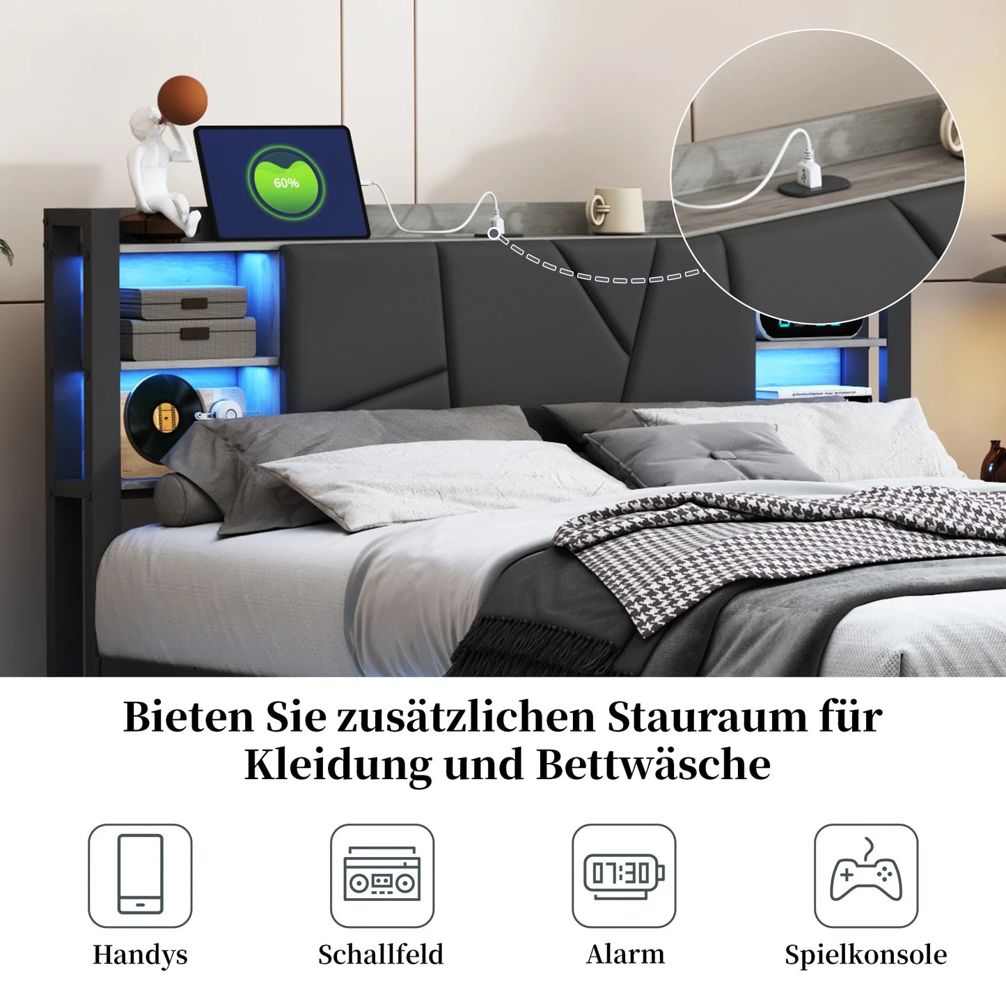 Metalen Tweepersoonsbed – Bedframe – Bed met Opberglades – LED Bed – Gestoffeerd Bed – 160x200 cm – Ingebouwd USB Oplaadstation – RGB LED Verlichting