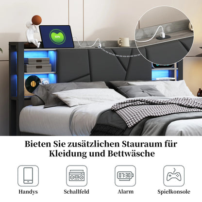 Metalen Tweepersoonsbed – Bedframe – Bed met Opberglades – LED Bed – Gestoffeerd Bed – 160x200 cm – Ingebouwd USB Oplaadstation – RGB LED Verlichting