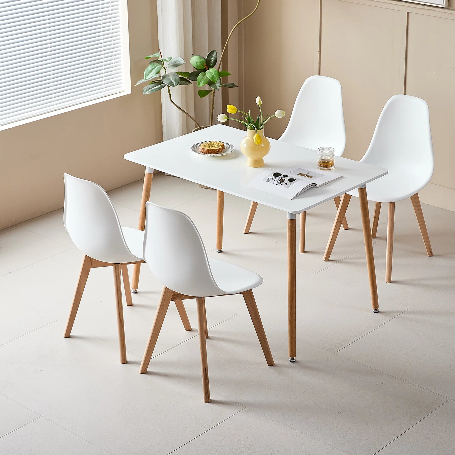 Rectangle Dining Table Set and 4Pcs Nordic Medieval Style Dining Chairs w/Wooden legs for Living Room Dining Room Kitchen White - QUORE