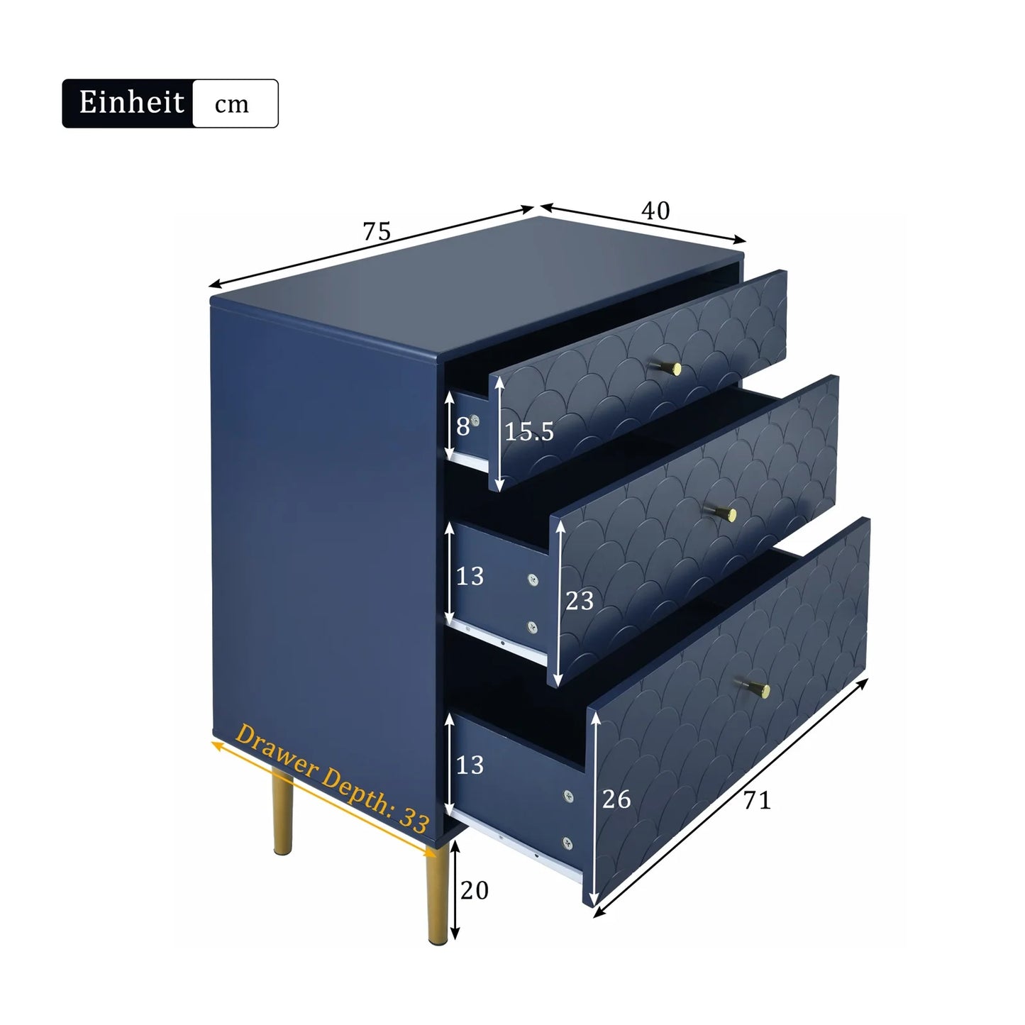 Nachtkastje – Bedkastje – Opbergkastje – Slaapkamerkast – Vis-Schubpatroon – Drie Lades – Afgeronde Hoeken - Blauw