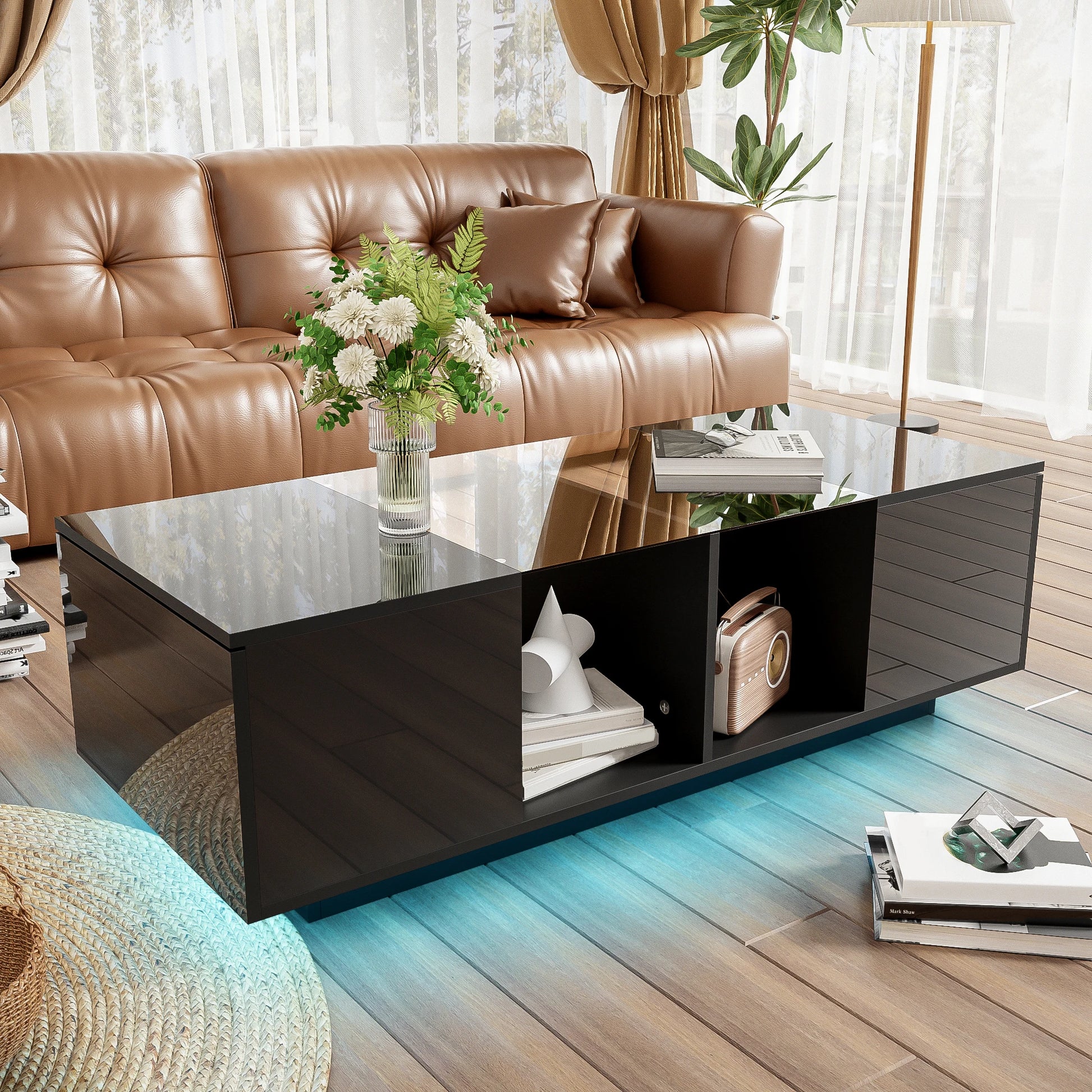 Bijzettafel – Salontafel – Tafeltje  - Woonkamertafel – LED-Verlichting – Hoogglans Glazen Plateau – Ruime Zijopberging - Zwart - QUORE