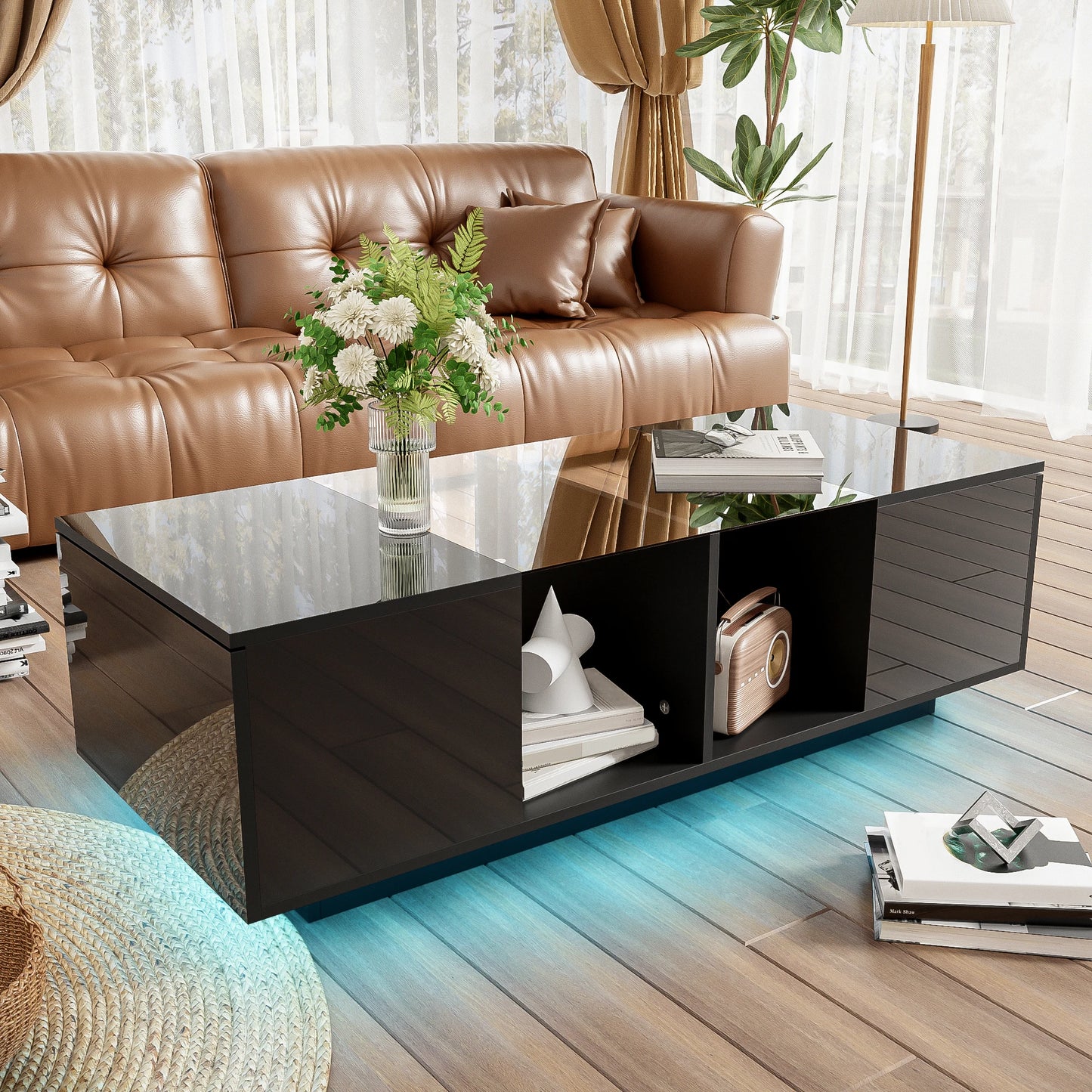 Bijzettafel – Salontafel – Tafeltje  - Woonkamertafel – LED-Verlichting – Hoogglans Glazen Plateau – Ruime Zijopberging - Wit - QUORE