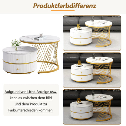 Salontafelset – Tafels – Salontafels – Woonkamertafels – Opbergtafels – Hoogglans Marmerlook – Twee Lades – Stevig Tot 30 Kg - Goud - QUORE
