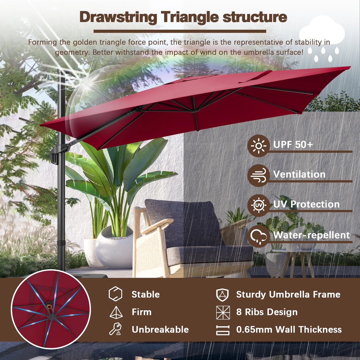 Parasol - Zweefparasol - Vrijdragende Parasol – Grote Parasol – Tuinparasol – Draaibare Parasol – 3X3 Meter – UV-Bestendig – Waterafstotend - Wijnrood