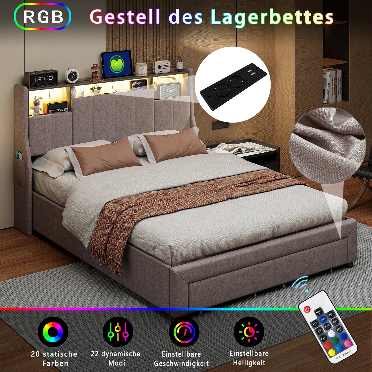 Rosahqnda LED Upholstery bed Double Bed with 2 Drawers USB Storage Headboard Youth bed with Storage Linen