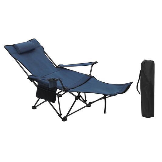 Opvouwbare Campingstoel - Strandstoel - Kampeerstoel - Vouwstoel - Klapstoel - Lounge Stoel - met Intrekbare Voetsteun en Afneembare Hoofdsteun - Blauw - QUORE