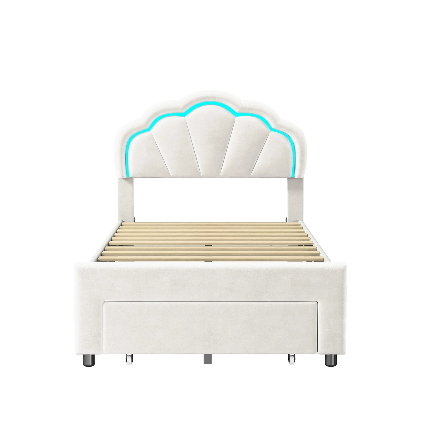 kinderbed – eenpersoonsbed – vloerbed – peuterbed – bedframe – 90x200 cm – fluwelen bekleding – geïntegreerde LED verlichting – opberglade