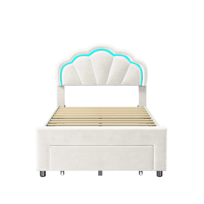 kinderbed – eenpersoonsbed – vloerbed – peuterbed – bedframe – 90x200 cm – fluwelen bekleding – geïntegreerde LED verlichting – opberglade