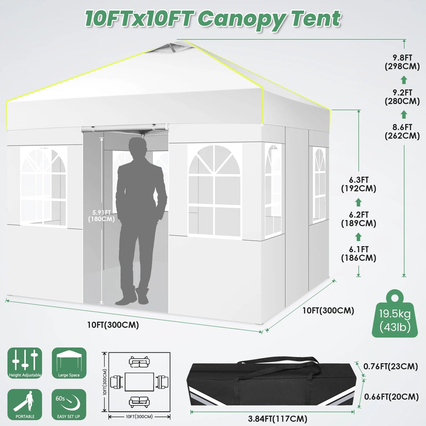 Pop-Up Tent – Vouwtent – Evenemententent – Marktkraamtent – Waterdicht Oxford Doek – UPF 50+ Bescherming – Verstelbare Hoogte - 3 x 3 m - Wit