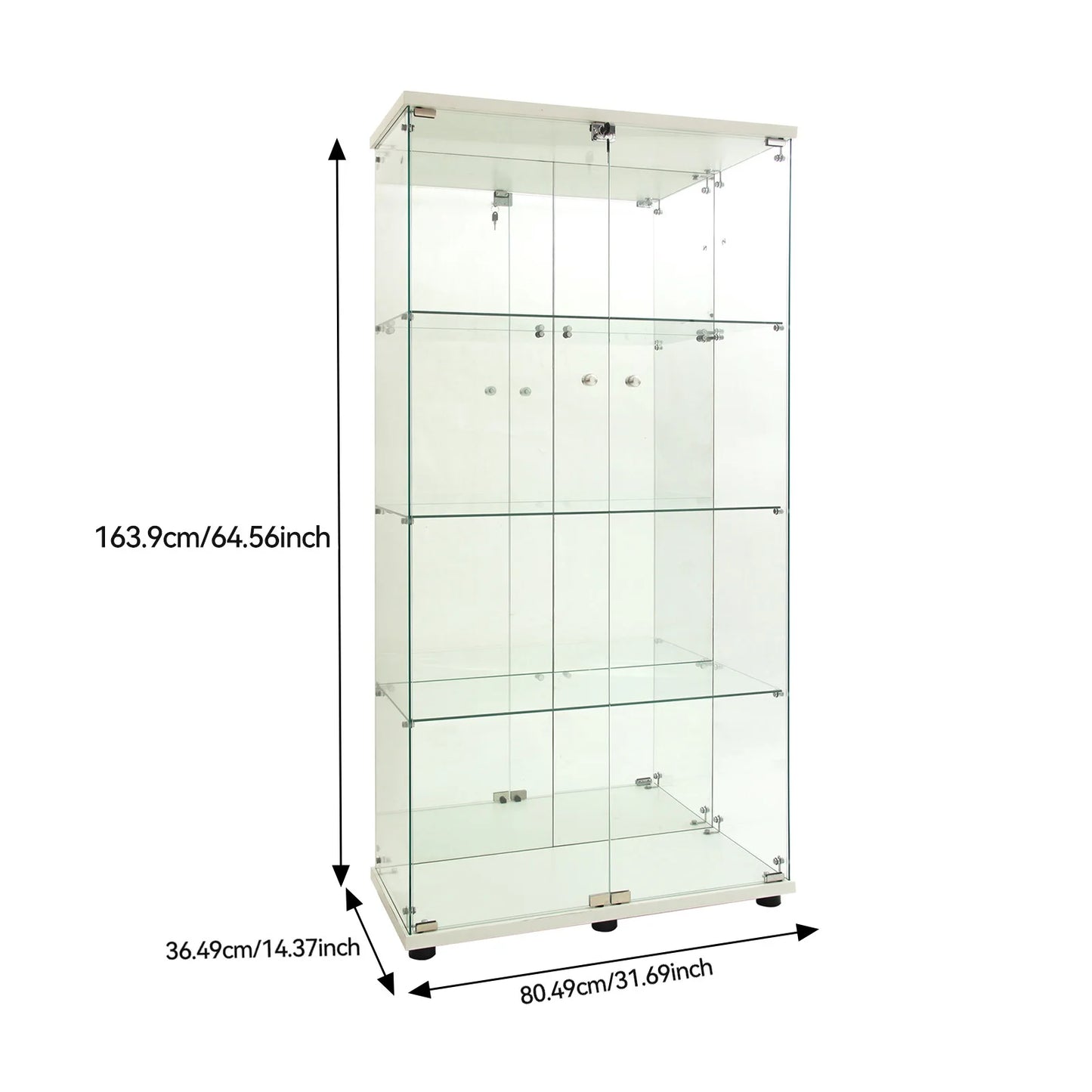 Vitrinekast – Glazen Kast – Opbergkast – Boekenkast – Vitrine – Wit Met LED-Verlichting – 80x36x164 cm – 4 Glasplanken Met 8 Compartimenten