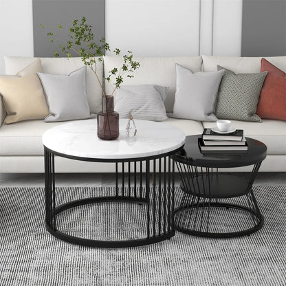 Salontafel - Bijzettafels – Tafelset – Bijzettafel – Metalen Frame – MDF Marmerprint – Twee Formaten