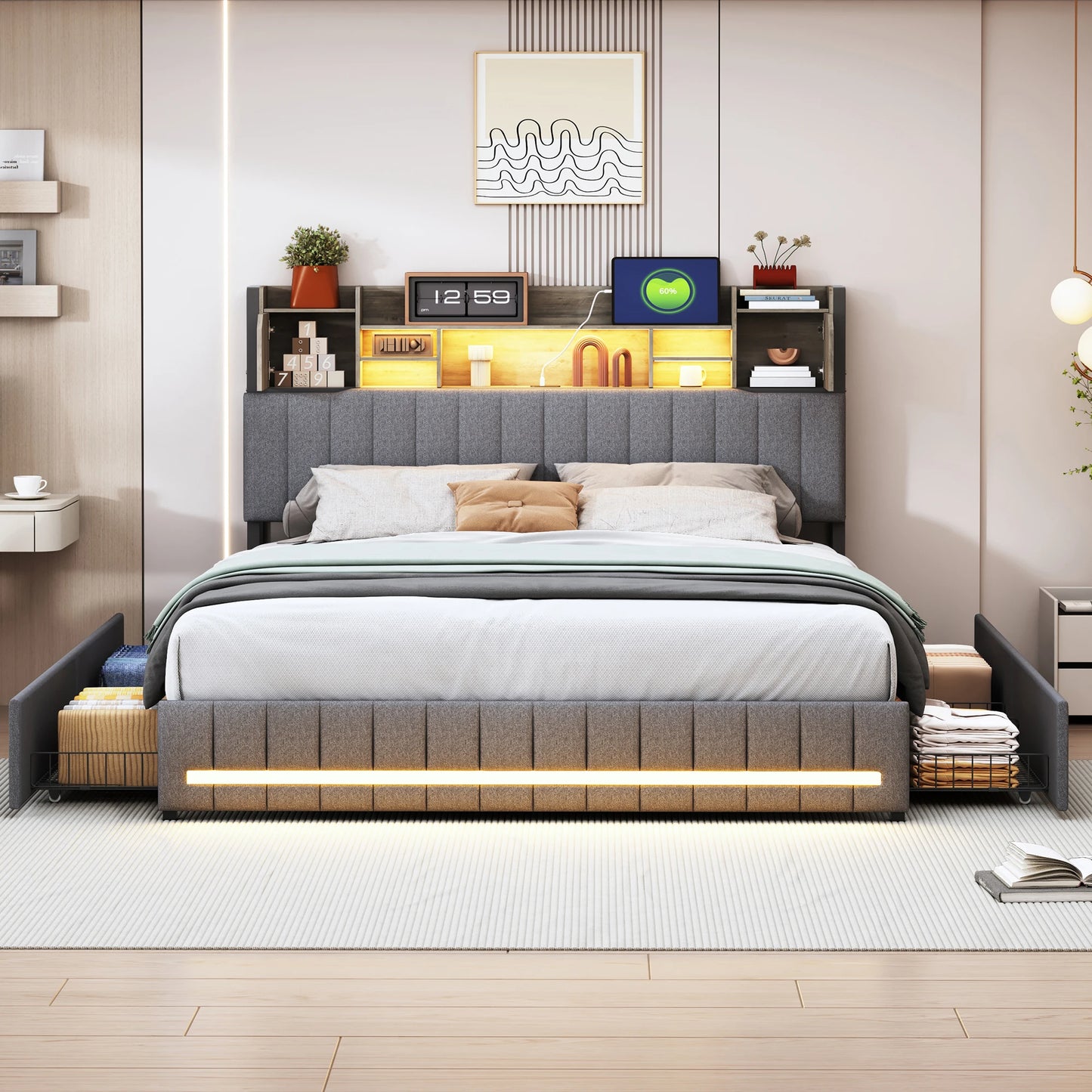 Tweepersoonsbed – Opbergbed – Led Bed – Bed met Lades – Linnen Bed – 140x190 cm – Ingebouwde LED-Verlichting en USB-Poorten