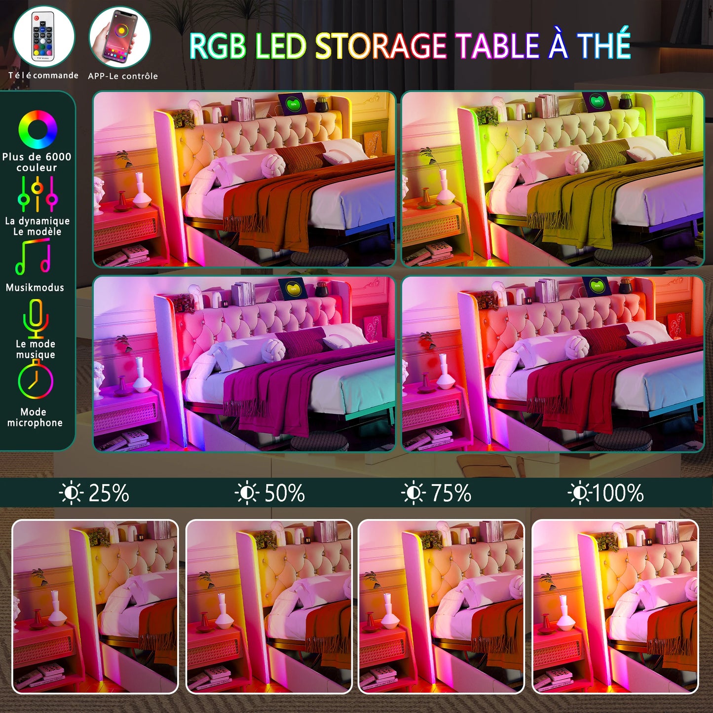 Bedkasten – Opbergbed – Tweepersoonsbed – Nachtkastje – Boxspring – 160x200 cm – Velvet Bekleding – Met LED Hoofdbord en USB Oplaadstation