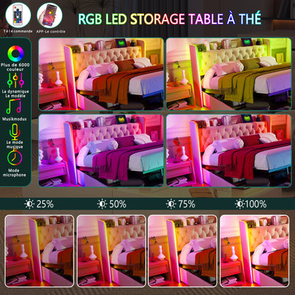 Bedkasten – Opbergbed – Tweepersoonsbed – Nachtkastje – Boxspring – 160x200 cm – Velvet Bekleding – Met LED Hoofdbord en USB Oplaadstation