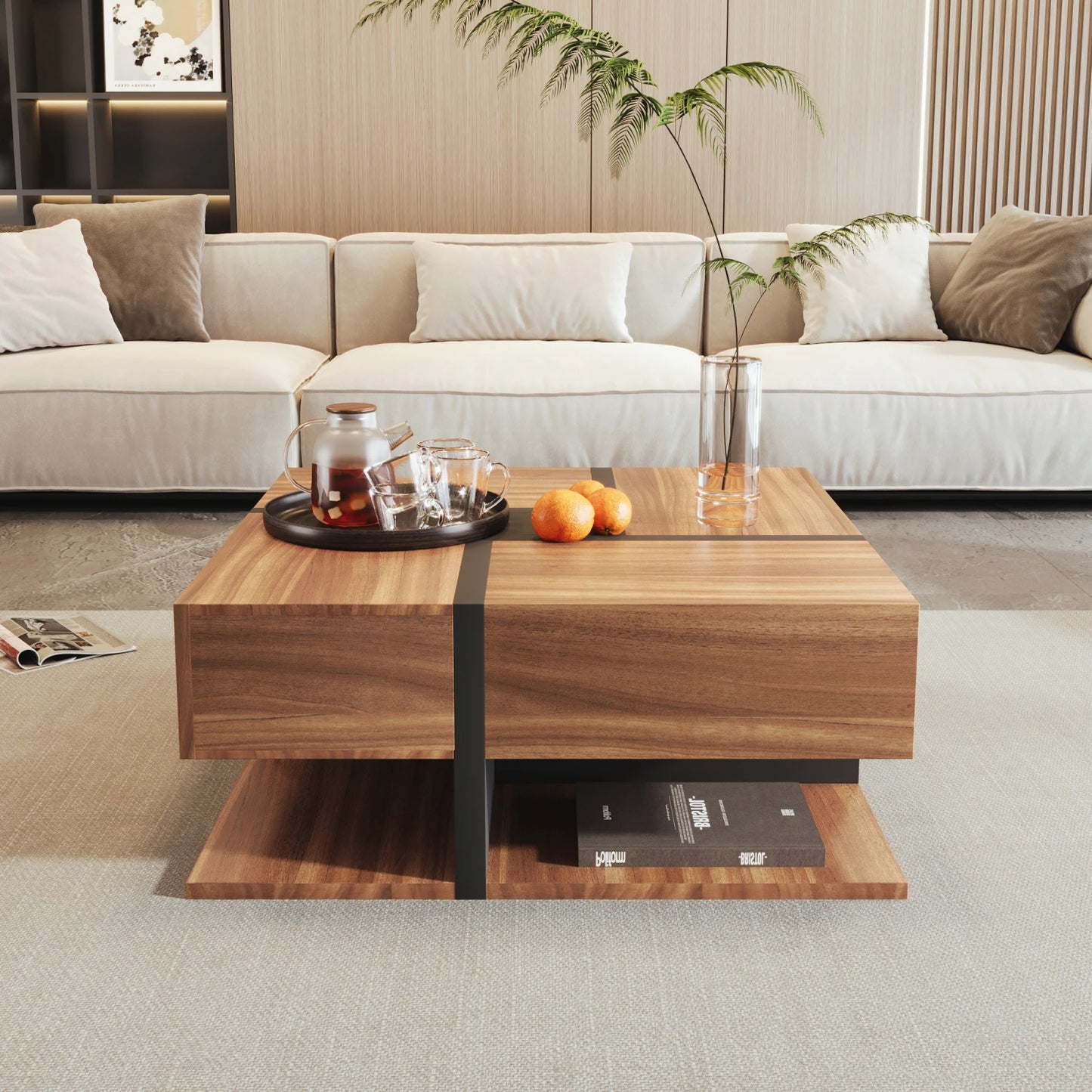 Salontafel – Koffietafel – Opbergtafel – Woonkamertafel – Houten Tafel – 78x78x36 Cm – Vier Lades - Bruin