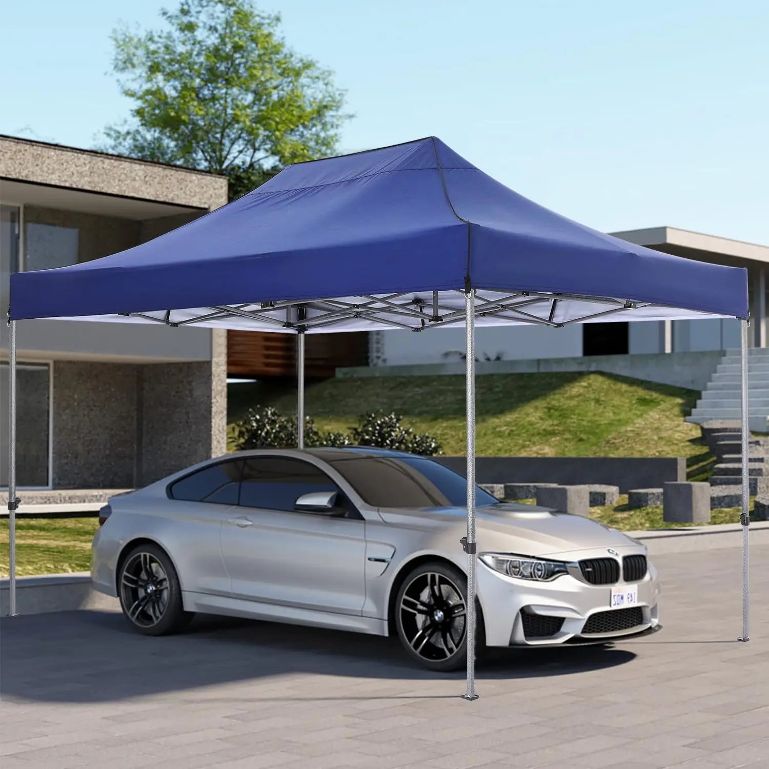 Tuinpaviljoen – Partytent – Inklapbaar Tuinhuisje – Overkapping – Beschutting – Waterdicht Polyester – Staal Frame - 3x4.5m - Marineblauw - QUORE