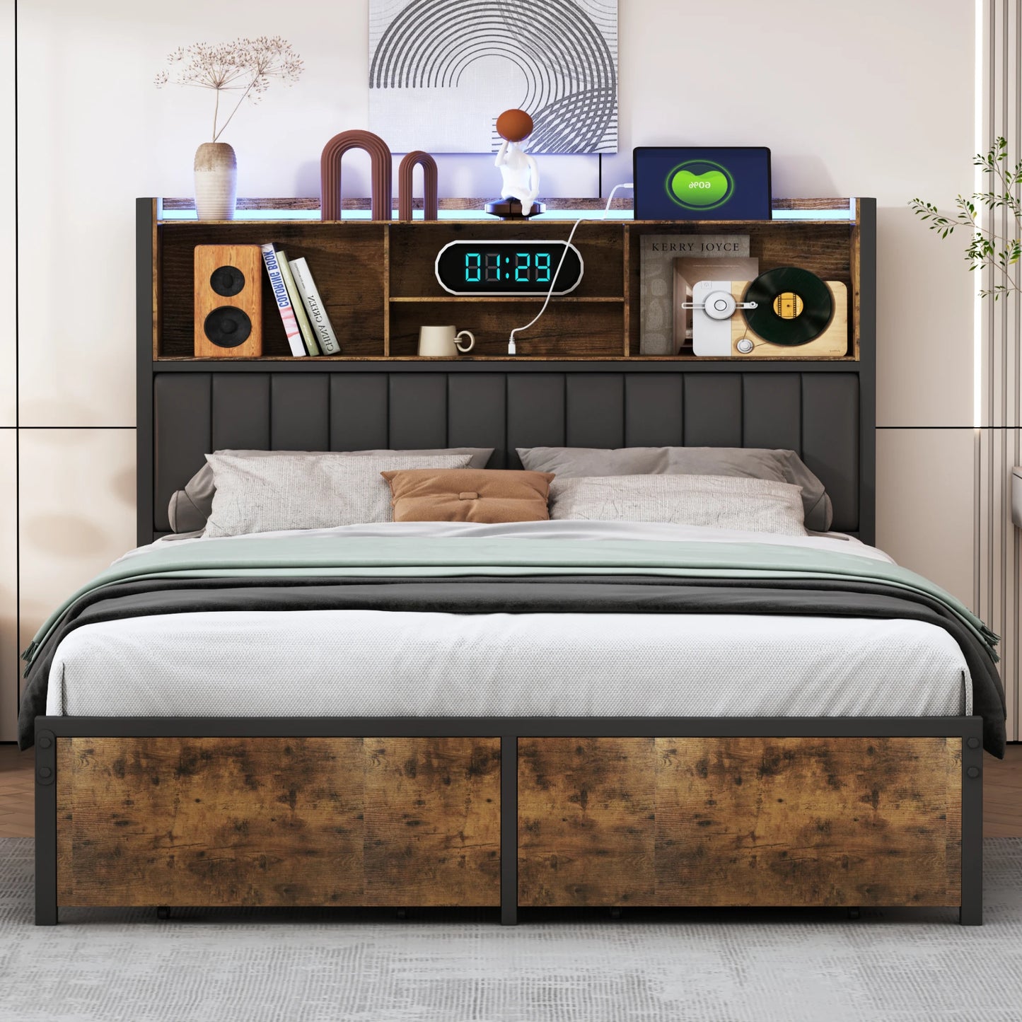 Dubbel Bedframe – 2-Persoonsbed – Stalen Bed – Opbergbed – Slaapkamerbed – 160x200 cm – LED Hoofdbord – USB Oplaadpunt – Zwarte PU Bekleding
