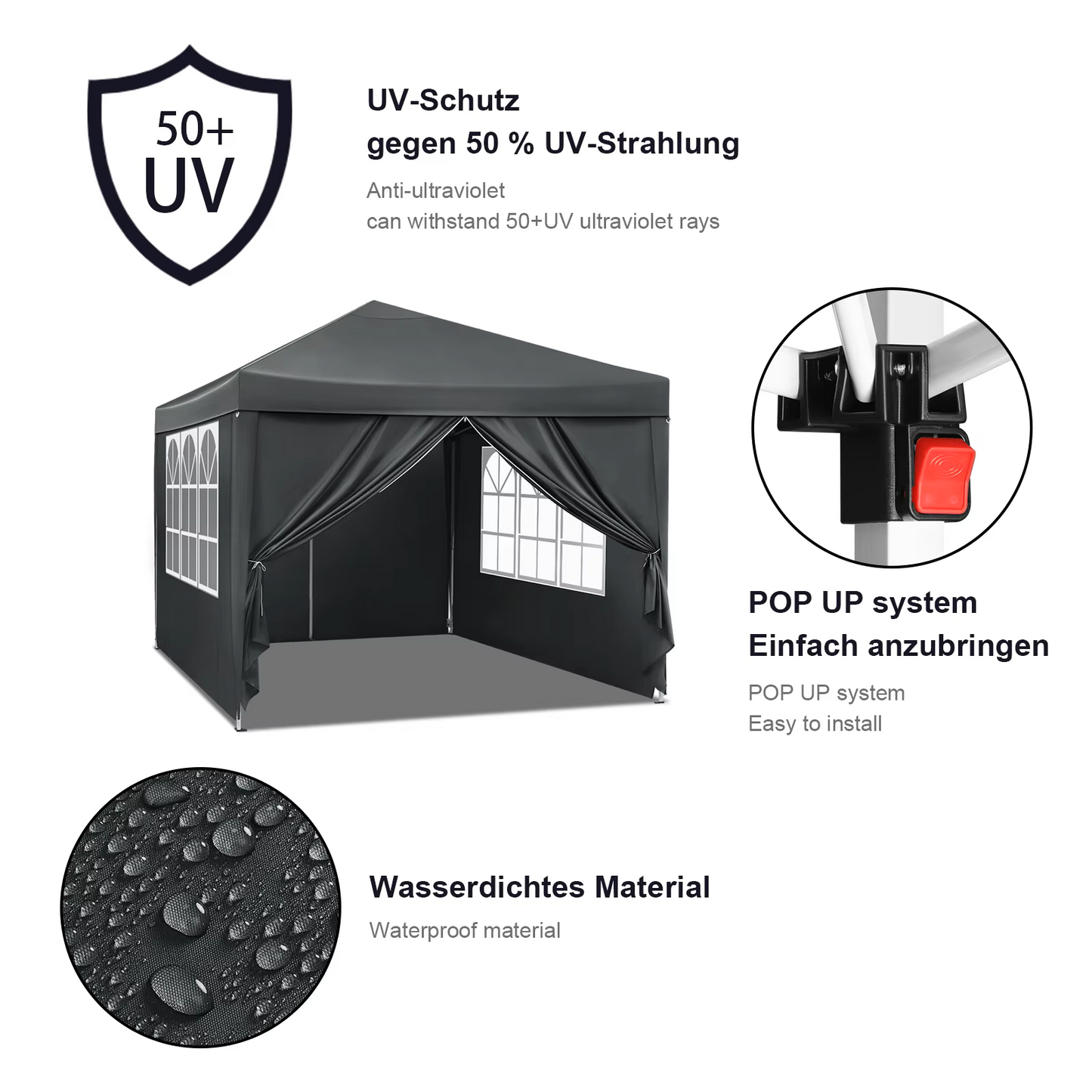 Paviljoen - Tuinpaviljoen - Partytent - Tuintent - Pop-up Kliksysteem - Stabiel - Opvouwbaar - Waterdicht - Winterbestendig - 50+UV-Bescherming - voor Tuin - Buiten - Achtertuin - 210D Oxford-doek - Ijzeren Buis - 5~10M² - 3 x 3 m - Grijs