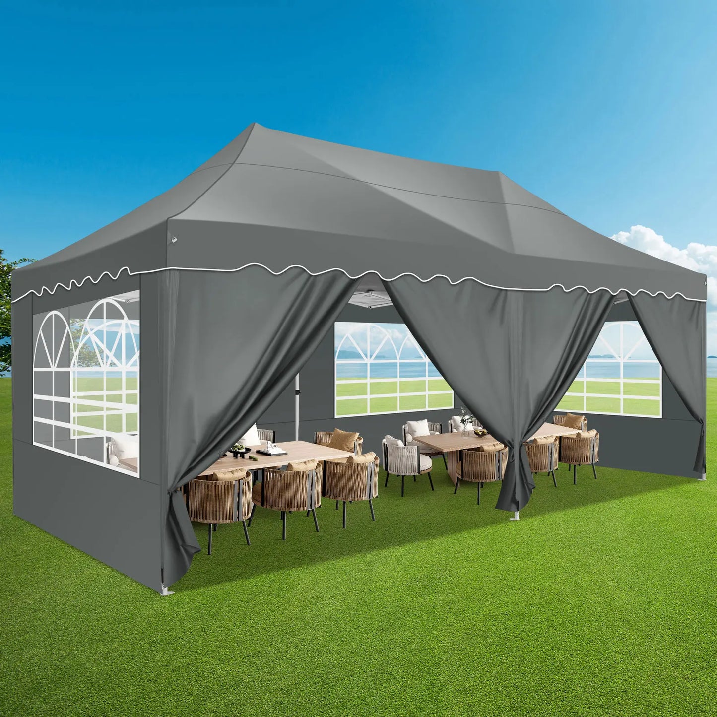 Partytent – Tuinpaviljoen – Evenemententent – Overkapping – 3x6 Meter – Staalframe – Waterdicht Met Zijwanden - Grijs