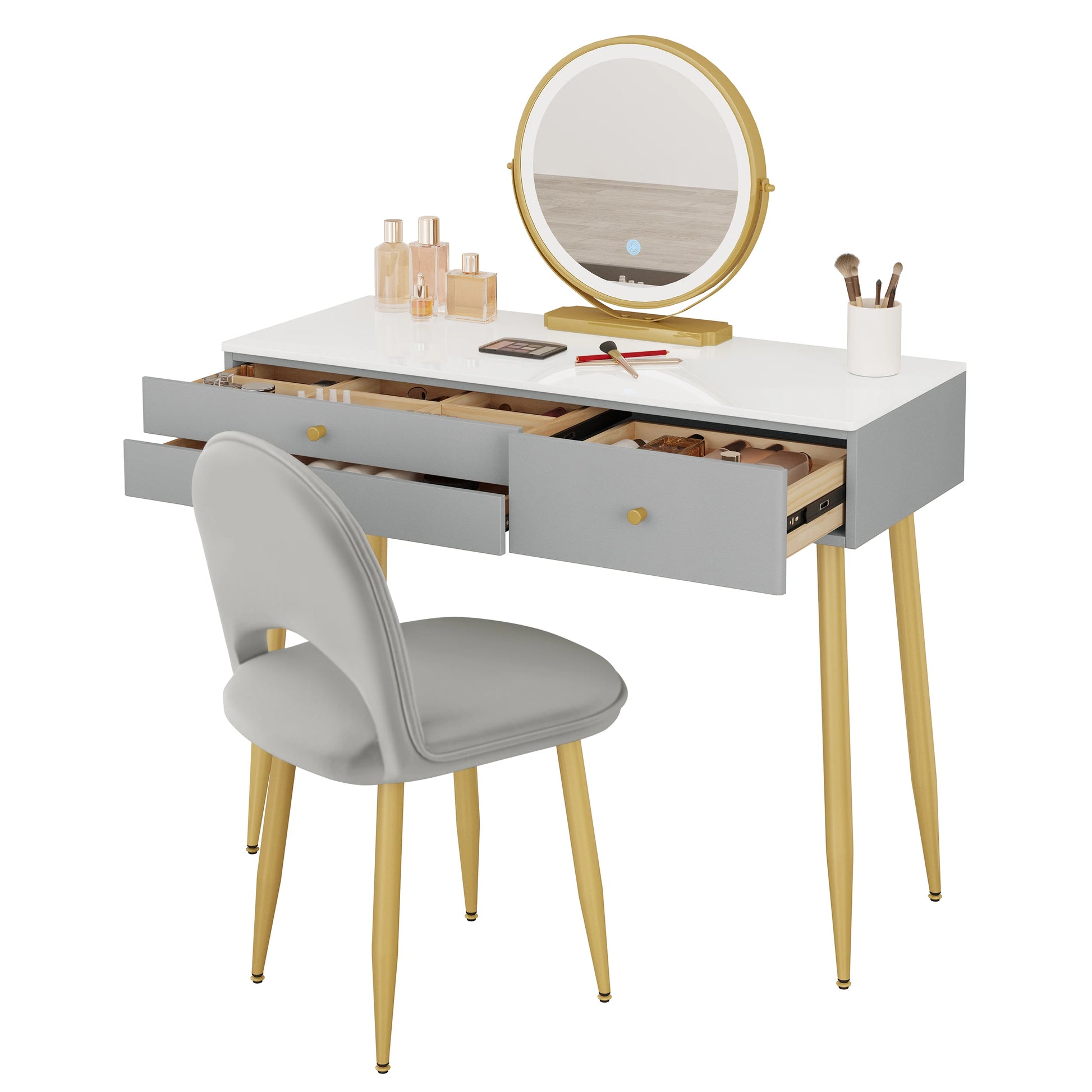 Make-up Tafel - met Spiegel - LED Spiegellicht - Kaptafel - Verstelbare - 100x40x122 cm - 3 Lades - Velvet Kruk - voor Slaapkamer -1SET - Grijs - QUORE