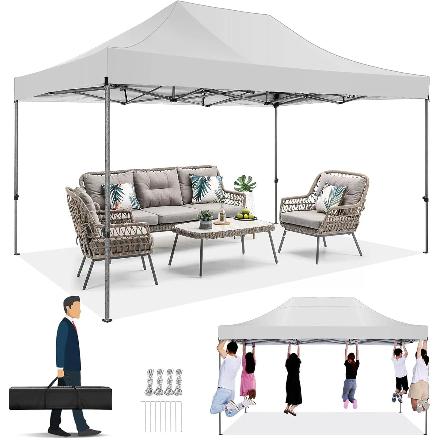 Tuinpaviljoen - Pop-Up Luifeltent – Overkapping – Tent – Luifel – Vouwtent – Waterdicht 420D Oxford – Verstelbare Hoogte 222-240cm - Wit