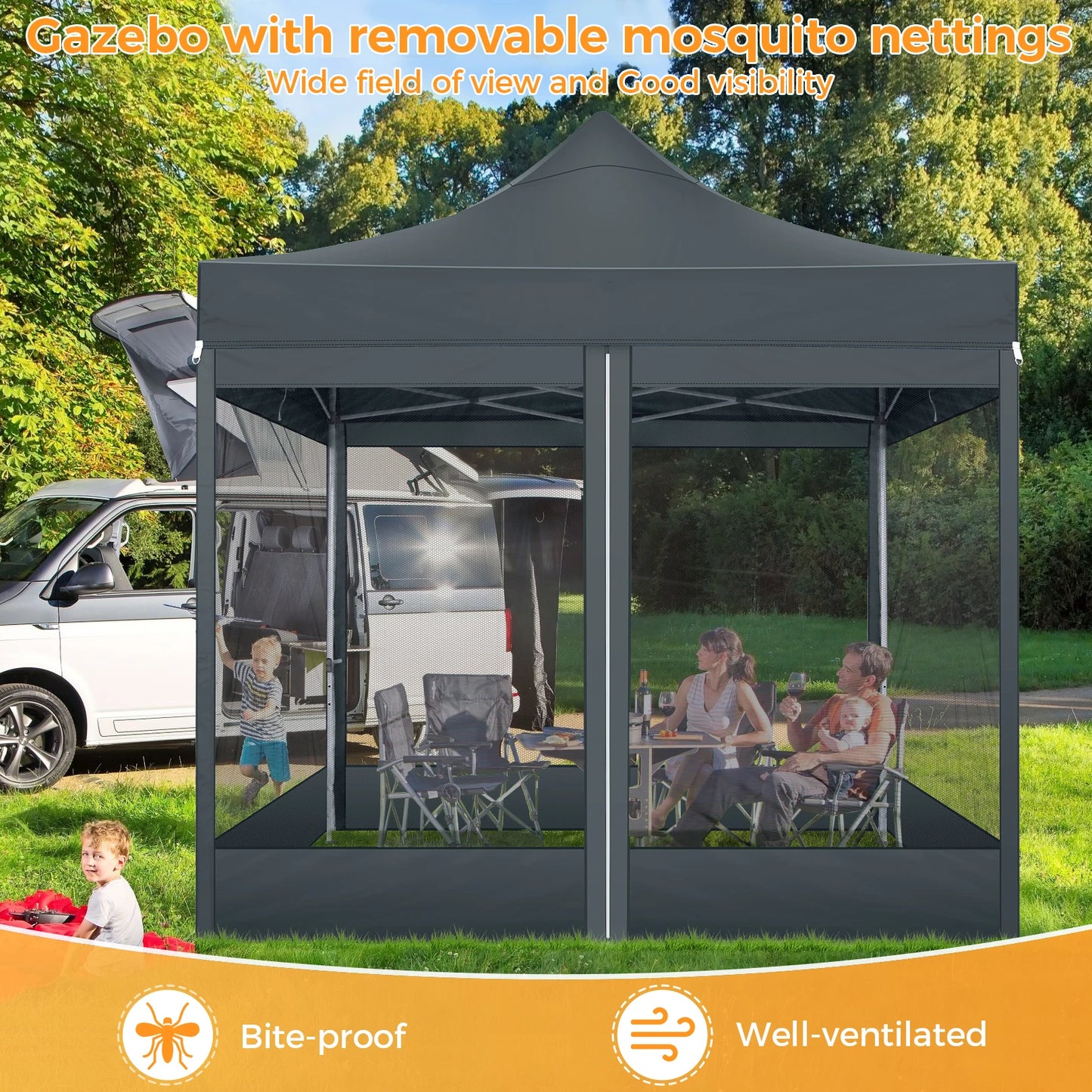 Opvouwbaar Tuinhuisje – Pop-Up Tent – Overkapping – Insectenbescherming – Waterdicht Oxford – Drie Verstelbare Hoogtes - Grijs - QUORE