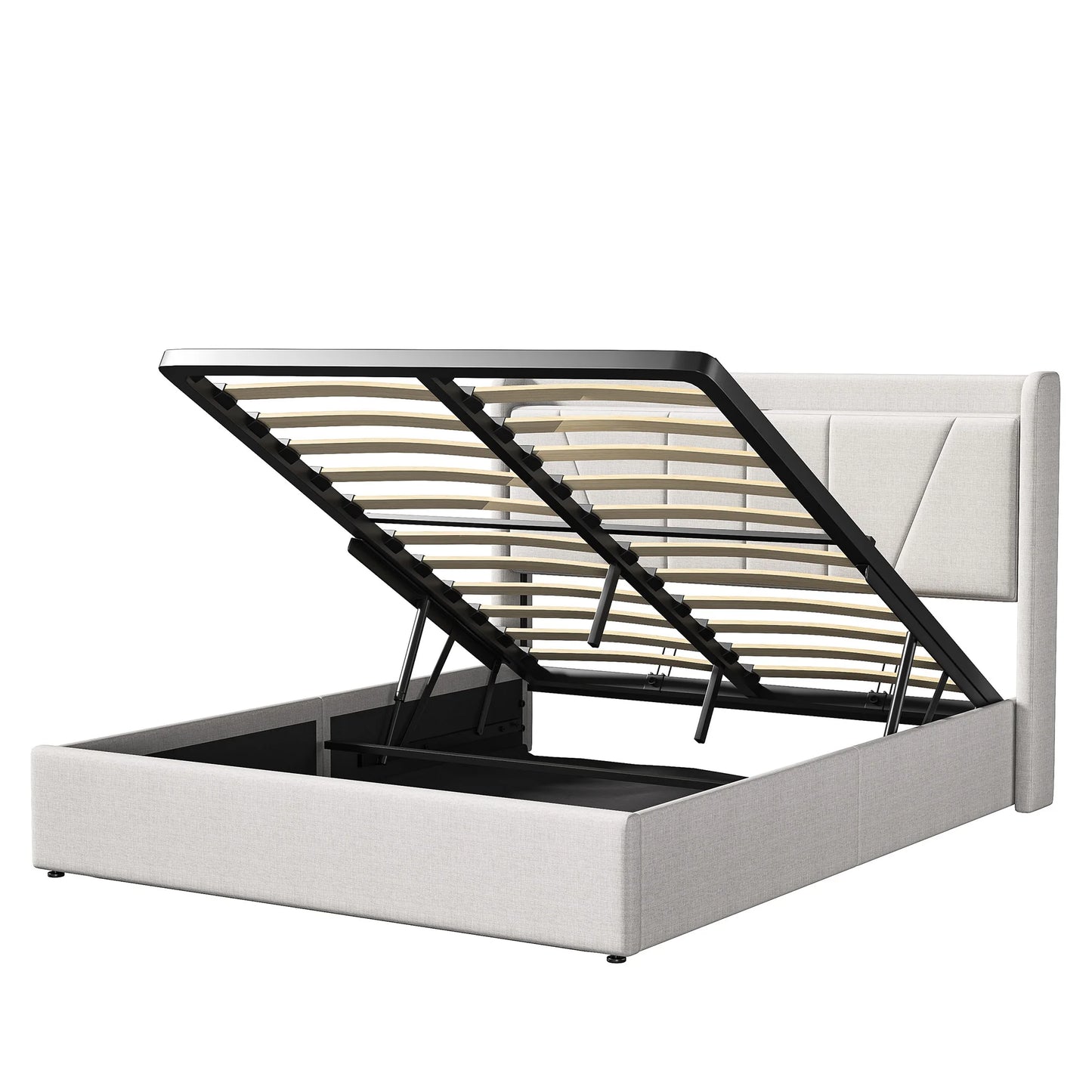Comanlai 140 x 200 cm Upholstered Bed,Hydraulic Storage Bed,with USB and Type-C,Youth Bed,Without Mattress,Linen Fabric,Beige