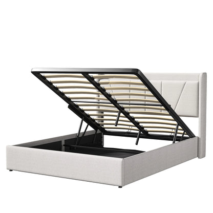 Comanlai 140 x 200 cm Upholstered Bed,Hydraulic Storage Bed,with USB and Type-C,Youth Bed,Without Mattress,Linen Fabric,Beige