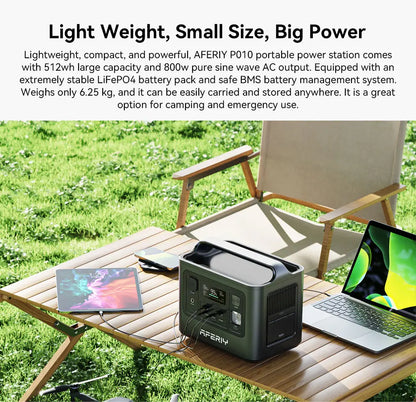 AFERIY P010 Portable Power Station, 800W 512Wh Outdoor Generator, 3500+ Cycles LiFePO₄ Battery, 8 Outputs, 1.5H Full Charge
